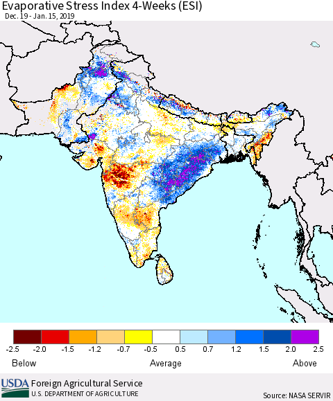 Southern Asia Evaporative Stress Index (ESI), 4-Weeks Thematic Map For 1/14/2019 - 1/20/2019