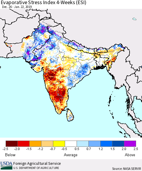 Southern Asia Evaporative Stress Index (ESI), 4-Weeks Thematic Map For 1/21/2019 - 1/27/2019