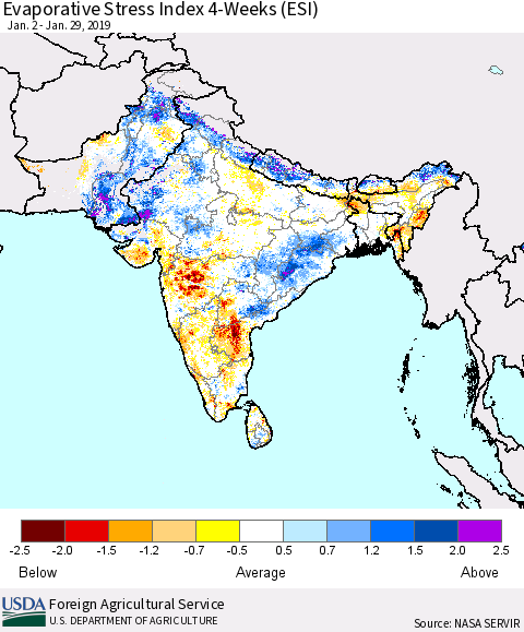 Southern Asia Evaporative Stress Index (ESI), 4-Weeks Thematic Map For 1/28/2019 - 2/3/2019