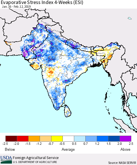 Southern Asia Evaporative Stress Index (ESI), 4-Weeks Thematic Map For 2/11/2019 - 2/17/2019
