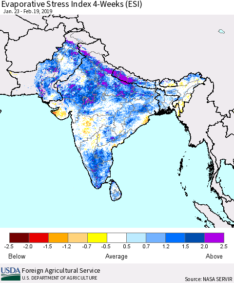 Southern Asia Evaporative Stress Index (ESI), 4-Weeks Thematic Map For 2/18/2019 - 2/24/2019