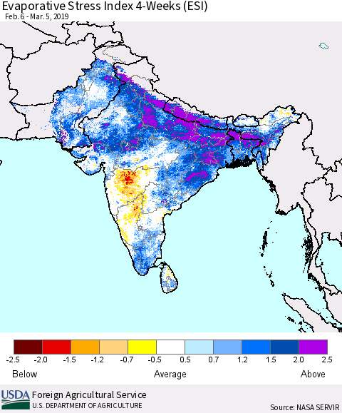 Southern Asia Evaporative Stress Index (ESI), 4-Weeks Thematic Map For 3/4/2019 - 3/10/2019