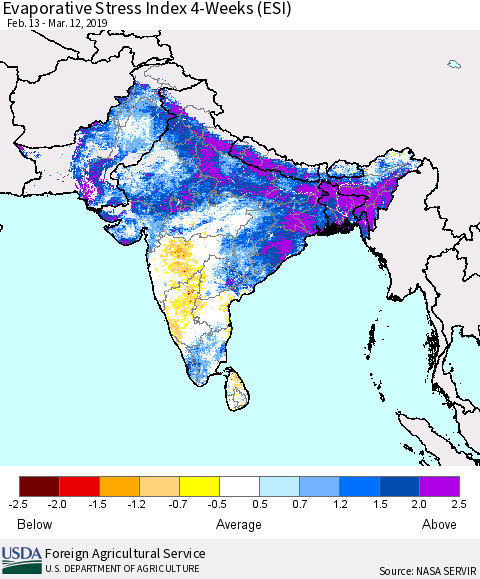 Southern Asia Evaporative Stress Index (ESI), 4-Weeks Thematic Map For 3/11/2019 - 3/17/2019