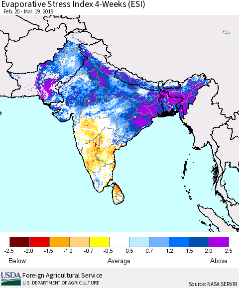 Southern Asia Evaporative Stress Index (ESI), 4-Weeks Thematic Map For 3/18/2019 - 3/24/2019