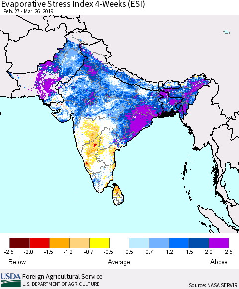 Southern Asia Evaporative Stress Index (ESI), 4-Weeks Thematic Map For 3/25/2019 - 3/31/2019
