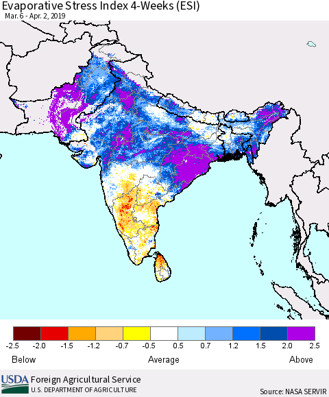Southern Asia Evaporative Stress Index (ESI), 4-Weeks Thematic Map For 4/1/2019 - 4/7/2019