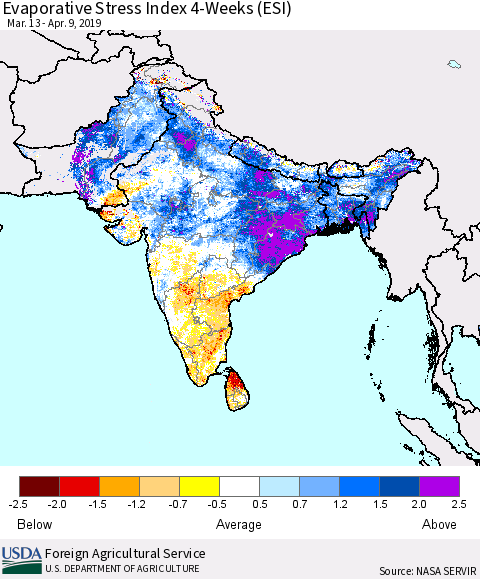 Southern Asia Evaporative Stress Index (ESI), 4-Weeks Thematic Map For 4/8/2019 - 4/14/2019
