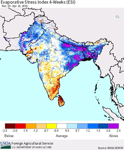 Southern Asia Evaporative Stress Index (ESI), 4-Weeks Thematic Map For 4/15/2019 - 4/21/2019