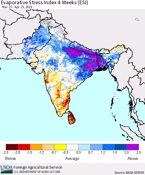 Southern Asia Evaporative Stress Index (ESI), 4-Weeks Thematic Map For 4/22/2019 - 4/28/2019