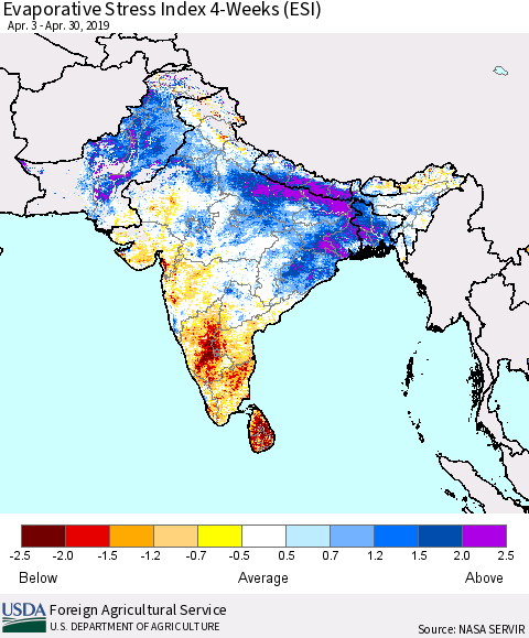 Southern Asia Evaporative Stress Index (ESI), 4-Weeks Thematic Map For 4/29/2019 - 5/5/2019