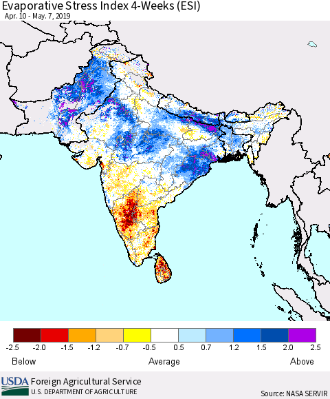 Southern Asia Evaporative Stress Index (ESI), 4-Weeks Thematic Map For 5/6/2019 - 5/12/2019
