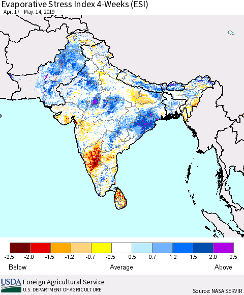 Southern Asia Evaporative Stress Index 4-Weeks (ESI) Thematic Map For 5/13/2019 - 5/19/2019