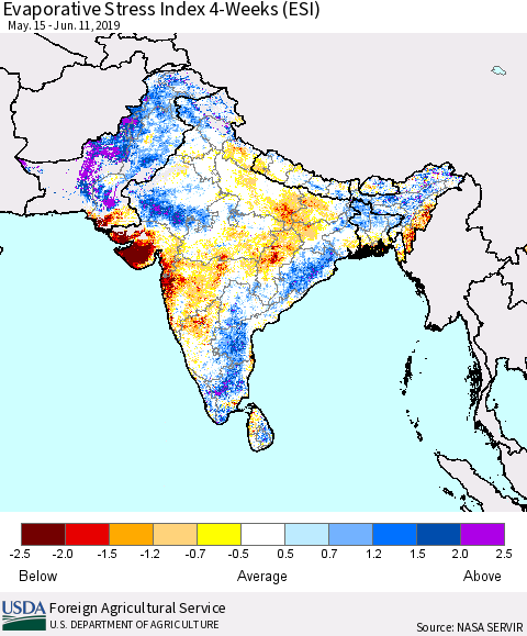 Southern Asia Evaporative Stress Index (ESI), 4-Weeks Thematic Map For 6/10/2019 - 6/16/2019