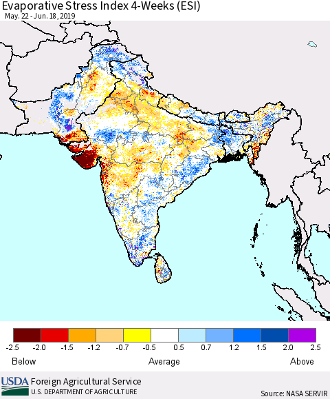 Southern Asia Evaporative Stress Index (ESI), 4-Weeks Thematic Map For 6/17/2019 - 6/23/2019