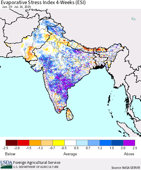Southern Asia Evaporative Stress Index 4-Weeks (ESI) Thematic Map For 7/15/2019 - 7/21/2019