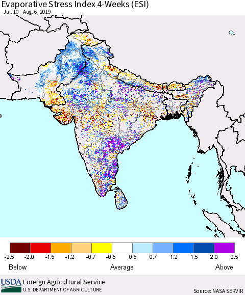 Southern Asia Evaporative Stress Index (ESI), 4-Weeks Thematic Map For 8/5/2019 - 8/11/2019