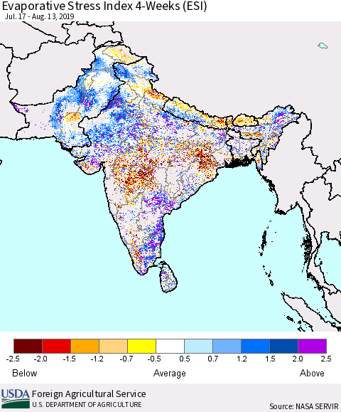 Southern Asia Evaporative Stress Index 4-Weeks (ESI) Thematic Map For 8/12/2019 - 8/18/2019