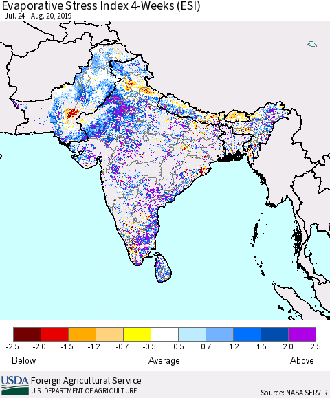 Southern Asia Evaporative Stress Index 4-Weeks (ESI) Thematic Map For 8/19/2019 - 8/25/2019