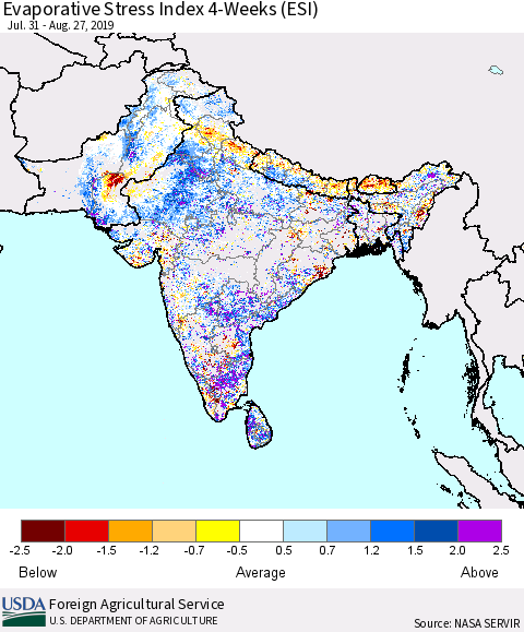 Southern Asia Evaporative Stress Index (ESI), 4-Weeks Thematic Map For 8/26/2019 - 9/1/2019