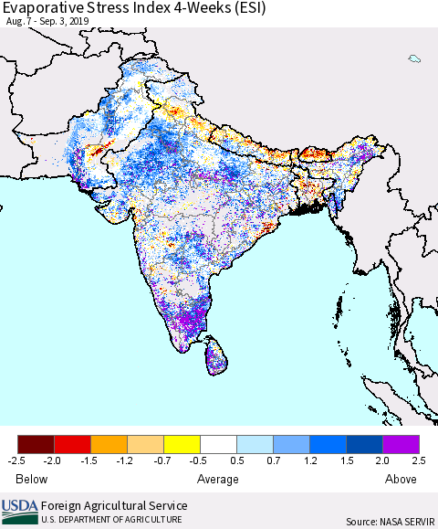 Southern Asia Evaporative Stress Index 4-Weeks (ESI) Thematic Map For 9/2/2019 - 9/8/2019