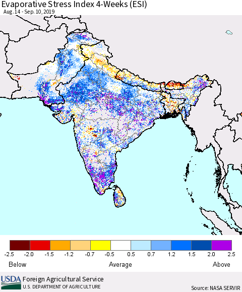 Southern Asia Evaporative Stress Index 4-Weeks (ESI) Thematic Map For 9/9/2019 - 9/15/2019