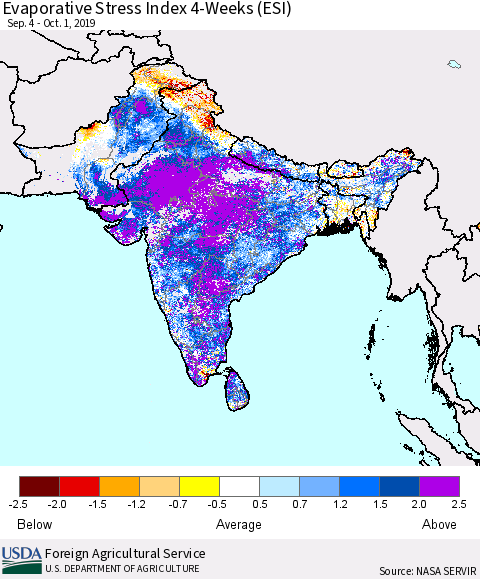 Southern Asia Evaporative Stress Index (ESI), 4-Weeks Thematic Map For 9/30/2019 - 10/6/2019