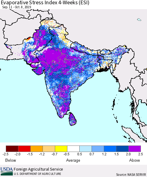 Southern Asia Evaporative Stress Index (ESI), 4-Weeks Thematic Map For 10/7/2019 - 10/13/2019