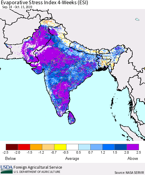 Southern Asia Evaporative Stress Index 4-Weeks (ESI) Thematic Map For 10/14/2019 - 10/20/2019
