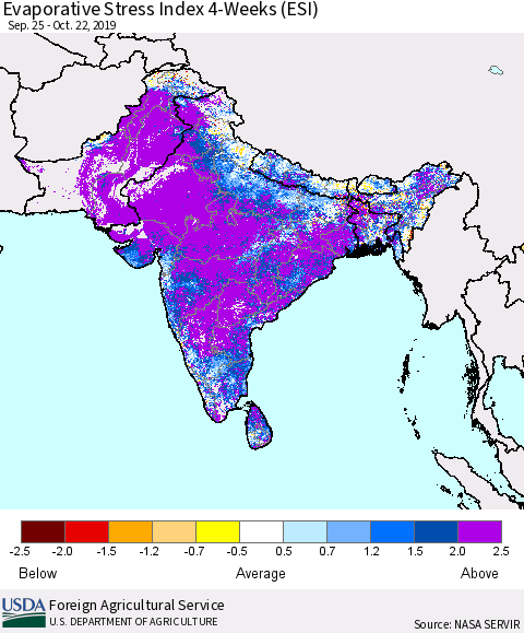 Southern Asia Evaporative Stress Index (ESI), 4-Weeks Thematic Map For 10/21/2019 - 10/27/2019