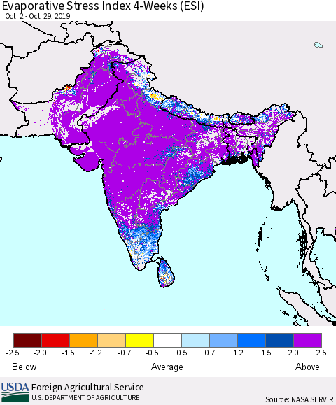 Southern Asia Evaporative Stress Index (ESI), 4-Weeks Thematic Map For 10/28/2019 - 11/3/2019
