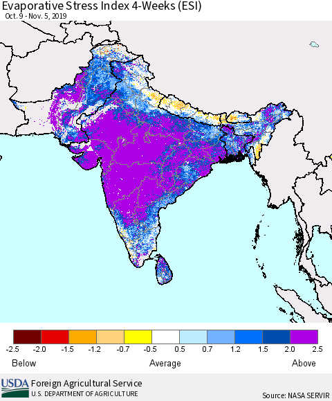 Southern Asia Evaporative Stress Index 4-Weeks (ESI) Thematic Map For 11/4/2019 - 11/10/2019