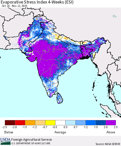 Southern Asia Evaporative Stress Index 4-Weeks (ESI) Thematic Map For 11/11/2019 - 11/17/2019