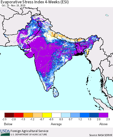 Southern Asia Evaporative Stress Index 4-Weeks (ESI) Thematic Map For 11/18/2019 - 11/24/2019