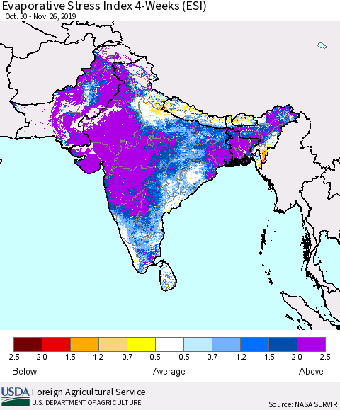 Southern Asia Evaporative Stress Index 4-Weeks (ESI) Thematic Map For 11/25/2019 - 12/1/2019