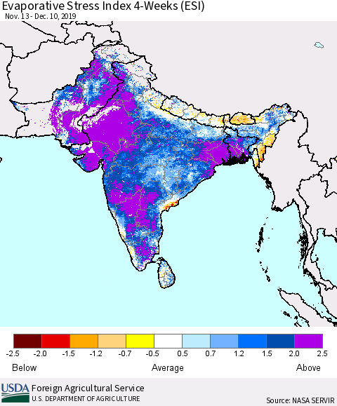 Southern Asia Evaporative Stress Index (ESI), 4-Weeks Thematic Map For 12/9/2019 - 12/15/2019