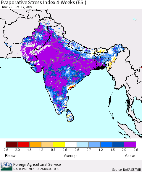 Southern Asia Evaporative Stress Index (ESI), 4-Weeks Thematic Map For 12/16/2019 - 12/22/2019