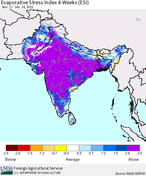 Southern Asia Evaporative Stress Index (ESI), 4-Weeks Thematic Map For 12/23/2019 - 12/29/2019