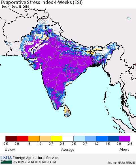 Southern Asia Evaporative Stress Index (ESI), 4-Weeks Thematic Map For 12/30/2019 - 1/5/2020