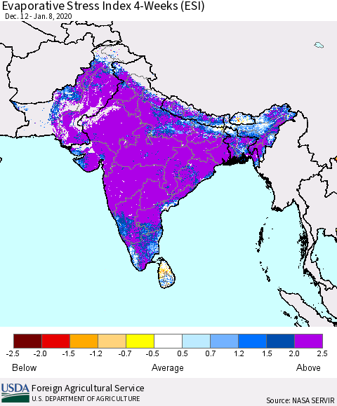 Southern Asia Evaporative Stress Index (ESI), 4-Weeks Thematic Map For 1/6/2020 - 1/12/2020