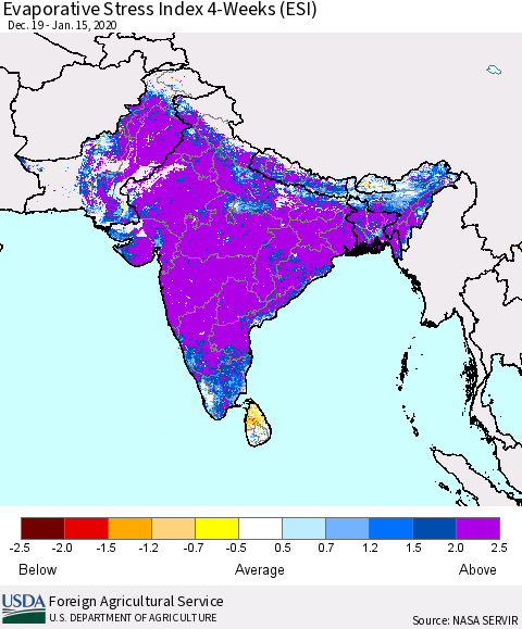 Southern Asia Evaporative Stress Index (ESI), 4-Weeks Thematic Map For 1/13/2020 - 1/19/2020