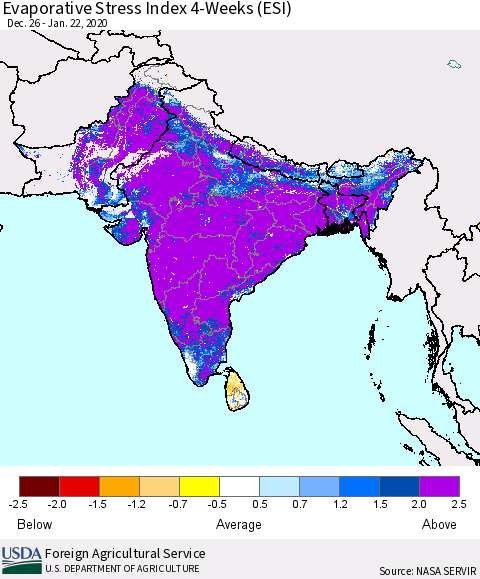 Southern Asia Evaporative Stress Index (ESI), 4-Weeks Thematic Map For 1/20/2020 - 1/26/2020