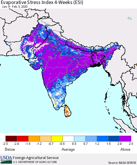 Southern Asia Evaporative Stress Index 4-Weeks (ESI) Thematic Map For 2/3/2020 - 2/9/2020