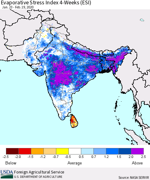 Southern Asia Evaporative Stress Index (ESI), 4-Weeks Thematic Map For 2/17/2020 - 2/23/2020