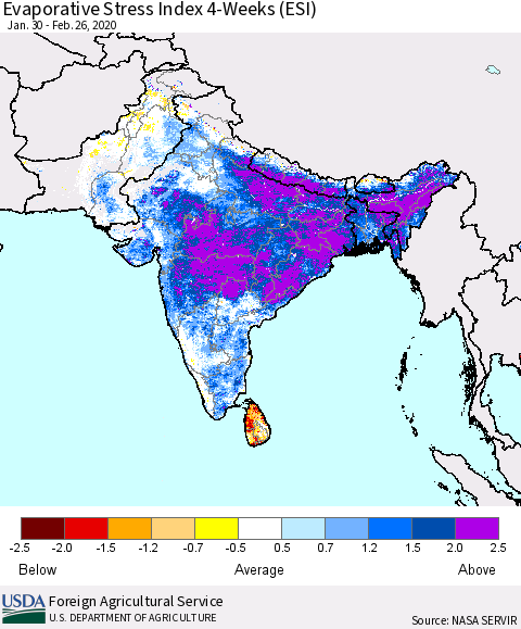 Southern Asia Evaporative Stress Index 4-Weeks (ESI) Thematic Map For 2/24/2020 - 3/1/2020