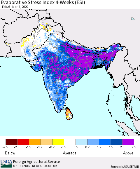 Southern Asia Evaporative Stress Index (ESI), 4-Weeks Thematic Map For 3/2/2020 - 3/8/2020