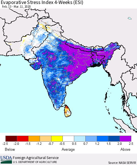 Southern Asia Evaporative Stress Index (ESI), 4-Weeks Thematic Map For 3/9/2020 - 3/15/2020