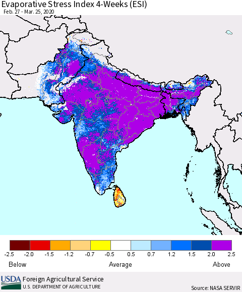 Southern Asia Evaporative Stress Index (ESI), 4-Weeks Thematic Map For 3/23/2020 - 3/29/2020
