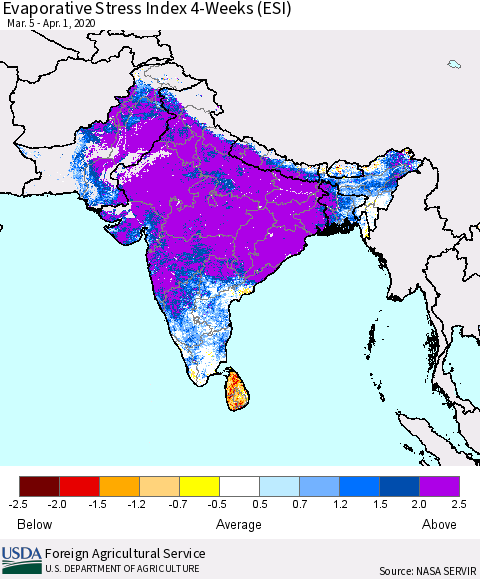 Southern Asia Evaporative Stress Index (ESI), 4-Weeks Thematic Map For 3/30/2020 - 4/5/2020