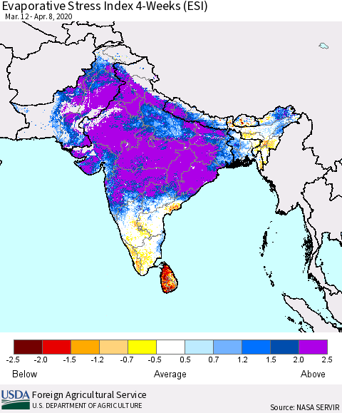 Southern Asia Evaporative Stress Index (ESI), 4-Weeks Thematic Map For 4/6/2020 - 4/12/2020