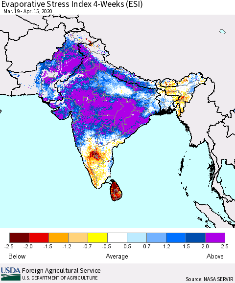 Southern Asia Evaporative Stress Index (ESI), 4-Weeks Thematic Map For 4/13/2020 - 4/19/2020